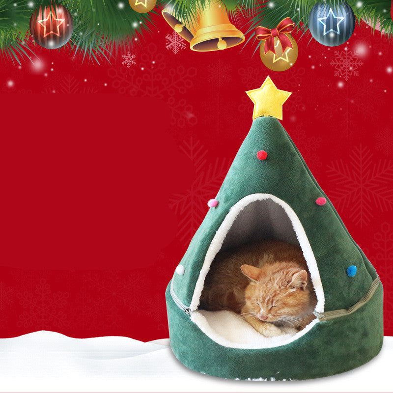 Christmas Tree Cat Bed | Cozy Enclosed Cat House | Warm Soft Pet Cave for Cats & Small Pets