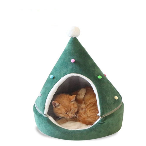 Christmas Tree Cat Bed | Cozy Enclosed Cat House | Warm Soft Pet Cave for Cats & Small Pets