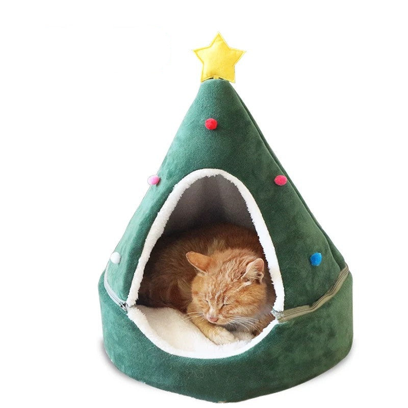 Christmas Tree Cat Bed | Cozy Enclosed Cat House | Warm Soft Pet Cave for Cats & Small Pets